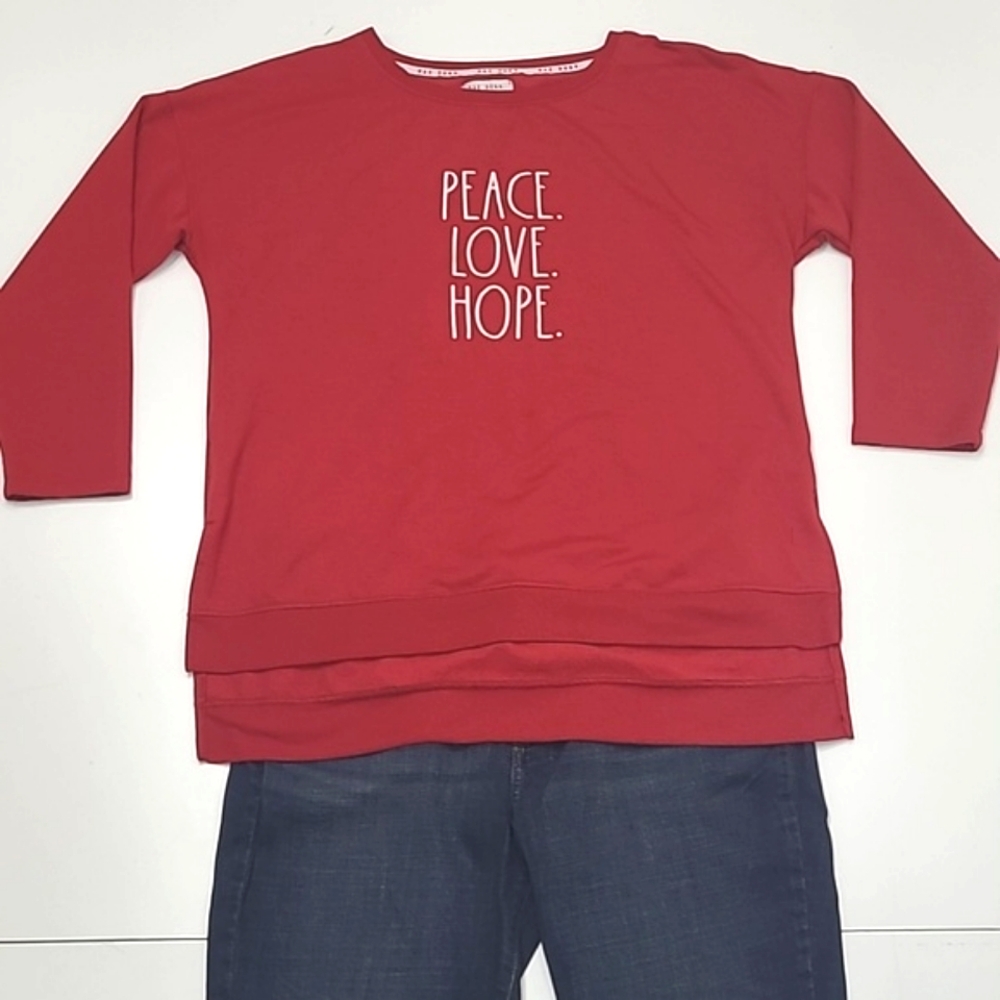 Rae Dunn Holiday Sweatshirt Pullover Christmas Top Ribbed Hem Peace Love Hope - Picture 9 of 17